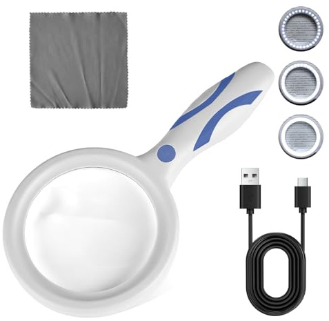 Lente d'ingrandimento con Luce, 2X 13X Lente Ingrandimento Ricaricabile con 33 LED, Lente d'Ingrandimento Illuminata per Lettura Ispezione Gioiellieri Anziani Bambini (Bianco e Blu)