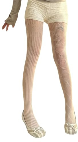 Fluxioxtna Medias de red japonesas para mujer, estéticas, asimétricas, rombos florales, diseño de corazón, pantimedias de encaje con patrón asimétrico, blanco, Altoa única