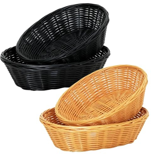 Xiqiggi 4 Pièces Panier en Osier, Corbeille a Pain, Panier à Pain, Osier Rond, Corbeilles à Pain Tressées en Rotin Présentation Tissé pour Nourriture, Fruits, Légumes, Marron et Noir