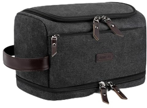 ZOMFELT Borsa da Beauty Case Uomo, Doppio Strato Tela, Organizer da Viaggio Impermeabile con Elastici, Grande Capacità, Necessaire da Barba e Igiene Appendibile, Nero