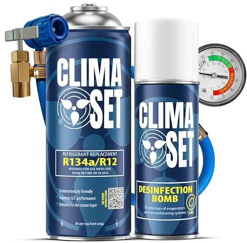 ClimaSet – R134a köldmedium & luftkonditioneringsrengöringsmedel för bilar & slang – Luftkonditionering Självpåfyllningsset – Påfyllningsset, Bilklimat Påfyllning – 170 g