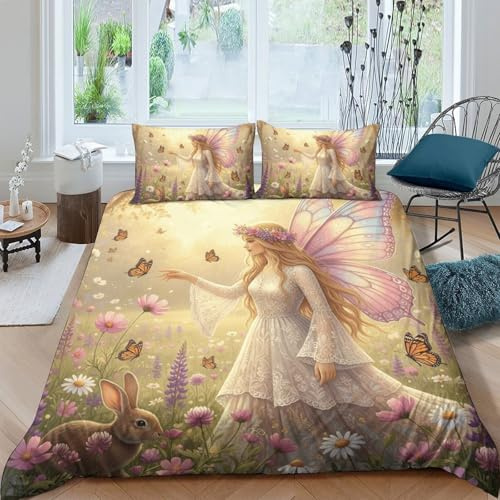 Estilo Cuento Funda Nórdica 3D Impresa Microfibra Decoración Dormitorio Juego de Ropa de Cama Hada para Adultos Single（135x200cm）