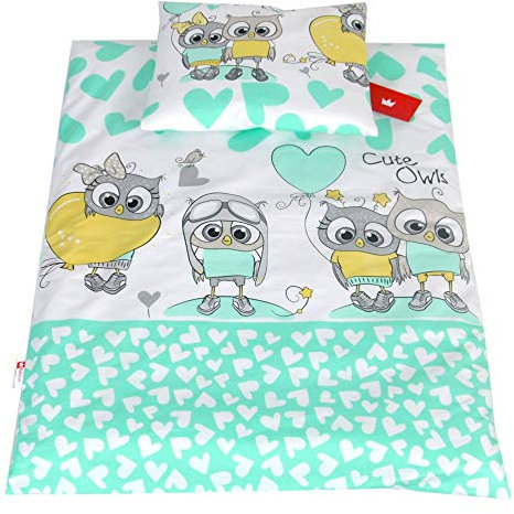 Babylux 2 TLG. Set Bezug für Kinderwagen Stubenwagen oder Wiege Garnitur Bettwäsche Kissen Decke 60 x 78 cm (104. Eule Minze)