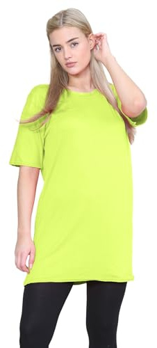 janisramone® Womens Short Sleeve Tunic T Shirts, Round Neck Oversized T Shirts for Women UK, Soft Comfortable Pj Dress, Perfect Summer Longline Ladies Tops Neon Yellow