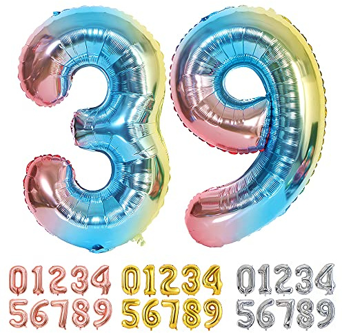 Ponmoo Foil Balloon Number 39/93 Gradient Blue, Giant Numbers 0 1 2 3 4 5 6 7 8 9 10-19 20-29 30-39 40-49 50-60-70-80-90-100, Large Balloons for Wedding Anniversary Birthday Party Decoration