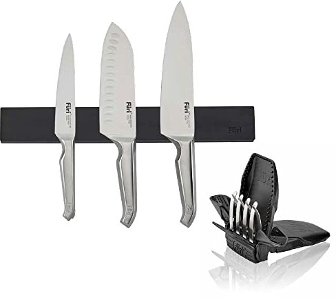 Furi Pro Magnetic Wall Rack, 5pc Set Including Wall Rack 36cm, 14, East/West Santoku Knife 17cm 7, Cook's Knife 20cm 8, Utility Knife 15cm 6 and Compact Knife Sharpener