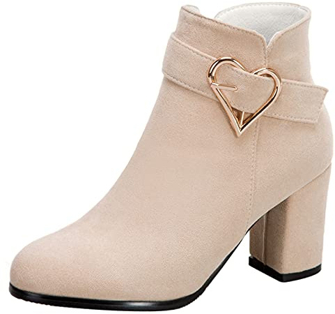 MJIASIAWA Femmes Bloc Mariage Robe Hiver Warm Bottillons Fermeture Éclair Boucle Elegant Bridesmaid Talons Hauts Bottes Chelsea Beige Taille 37 EU/38 Asiatique