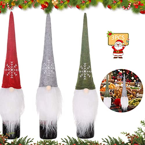 3 stycken julvinflaskskydd, för vinflaska, flasköverdrag, flaskor, påse, jultomte, hatt, flaskpåse, vinflaska, skydd, väskor för hem, middag, vin, jul, bordsdekoration (A)