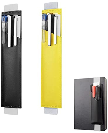 2 Stück Federmäppchen, PU Leder Federtasche mit Elastisch Band Stiftemappe Schlampermäppchen Schulbedarf, Stifthalter Notizbuch,Stifthalter für Notizbuch,Elasticated Pen Holder Pouch schwarz+gelb
