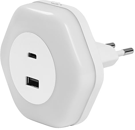 LEDVANCE LUNETTA HEXAGON Steckdosen-Nachtlicht, weiß, 5W, 5lm, warmweißes Licht, USB-A & USB-C Anschluss, LED-Technologie, Ladefunktionalität, lange Lebensdauer, Schutzklasse IP20, 3000K