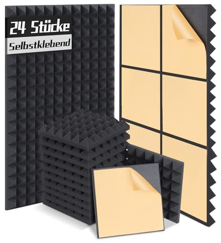 Auslet Akustikschaumstoff Selbstklebend,Schalldämmung Akustikpaneele 24 Stück,Hoher Dichte Schaumstoffplatte,Pyramide Schallschutzmatte für Aufnahmestudio Büro,Tonstudio,Haus,30 x 30 x 5cm