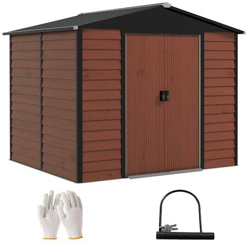 Outsunny Caseta de Jardín Exterior 4,4 m² 240x206x198 cm Cobertizo de Teca con Base Refuerzo (Suelo NO Incluido) Puerta Corredera y Cerradura Armario para Terraza Patio