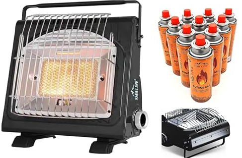 SMH LINE® 2in1 Tragbare Gasheizung Gaskocher + 20 Gaskartuschen 227g Camping Gasstrahler Heizung Outdoor Zelten Wohnwagen 1.7 KW Brenner Kocher + Butan Gas Gaskartuschen Keramik Heizstrahler