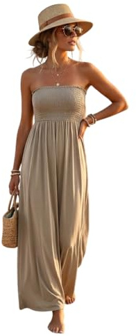 HUBIBUBI Women's Sleeveless Printed or Plain Bandeau Sheering Maxi Long Dress – Lightweight Strapless Summer Sundress, Sizes 8-26 (UK, Numeric, 8, 10, Regular, Regular, Mocha)