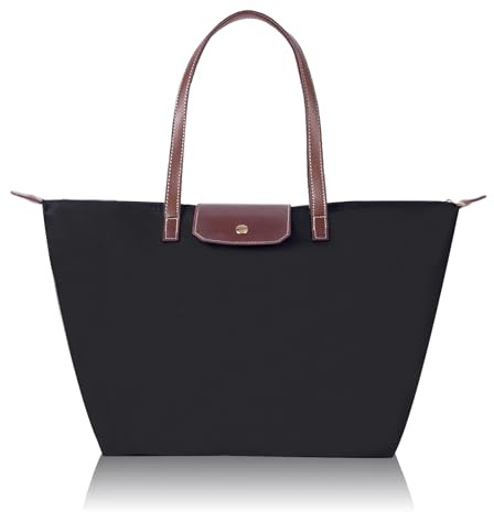 LINGLONGCY Sac à main pliable en nylon de grande capacité pour les femmes pour les dames Sac à main pour les achats (noir, L 48 * 32 * 20cm)