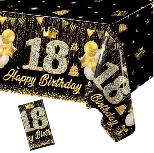 Tovaglia di Compleanno Oro Nero, 200x130cm, Tovaglia Happy 18th Birthday, Auguri di Compleanno 18. Tovaglia, Decorazione 18. Compleanno, Decorazione da Tavolo per Festa di Compleanno per Ragazze e