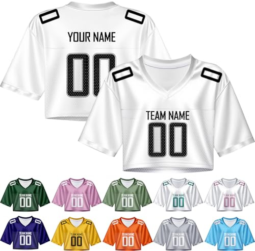 Tops Crop Maillot de Football Personnalisés pour Femmes T-Shirt avec Nom et Numéro Col en V Style Streetwear Hip-Hop pour Filles - Modèle 1, Blanc