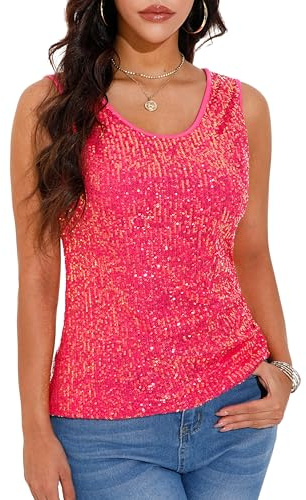 GUANYY Sequin Tank Tops for Women Scoop Neck Shiny Sparkle Sleeveless Concert Shirt Mardi Gras Outfits Hot Pink Medium