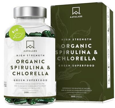Spiruline Bio et Chlorella Bio AAVALABS - Complexe de Spiruline Poudre et Chlorella Poudre 1800mg - Complement Alimentaire Vegan Riche en Protéines, Vitamines, Minéraux, Antioxydant - 200 Gélules