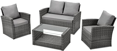 SVITA Roma Polyrattan Lounge Rattan Garten Möbel Set mit Sofa und Sessel Gartenlounge Essgruppe mit Tisch Grau