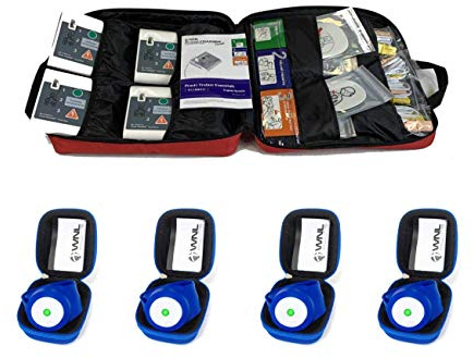 WNL Products WL120ES10-4 & 4 WLCRM Bundle: 4 Pack AED Defibrillator Practi-Trainer Essentials Base Model AED Training Kit & 4 Pack CPR Compression Rate Wrist Monitor Practi-CRM with Blue EVA Carrying