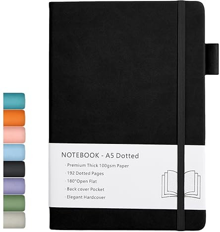 Dotted Notizbuch, A5 Hardcover Dotted Journal mit Dickem Premium 100 GSM Papier, 192 Seiten, Innentasche, Gummiband, Kunstlederbezug, 14,5 x 21,3 cm (Schwarz)