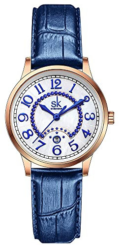 SHENGKE SK Business Montre Classique pour Femme avec Bracelet en Cuir véritable et Acier Inoxydable(Moonlight-Blue)