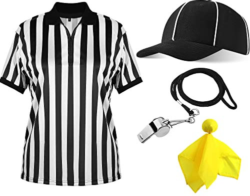 Geyoga 4 Pcs Men's Official Referee Costume Set Black and White Stripe Referee Shirt Hat Whistle Lanyard for Carnival(XXL)