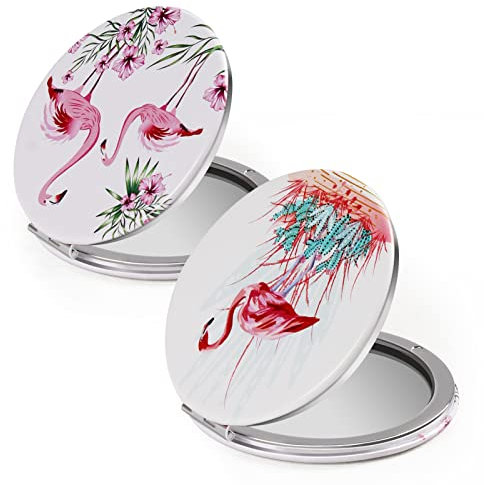 HBTD-SZ Kompaktspiegel, 2 Stück, tragbarer Spiegel, 1 x / 2 x Vergrößerung, rund, Metall, Taschenspiegel (2 Flamingo)