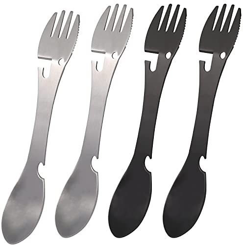 CHENYU 4 Stück Göffel Stainless Steel 5 In 1 Multifunktions Outdoor Besteck Spork can Opener Outdoor Gadget Wander Equipment Göffel Titan Camping Nützliche Reise Gadgets