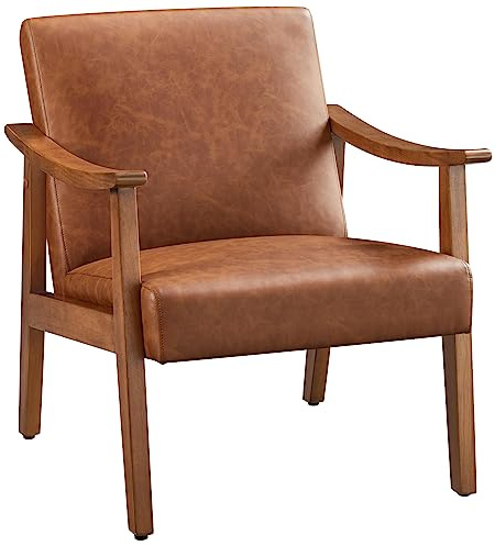 Yaheetech Armchair Sofa Accent PU Leather Chair Retro Lounge Chair with Rubber Wood Legs Comfy Seat/Backrest for Modern Living Room Bedroom Dining Room Office Reception Balcony, Light Brown