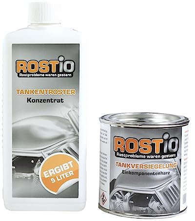 Rostio Tankentroster-Set 0,5L – inkl. 250ml Tankversiegelung – hochergiebig (1:10) – für Tanks bis 5L – Rostentferner & Korrosionsschutz – ethanolfest & flexibel – Set zur Tanksanierung