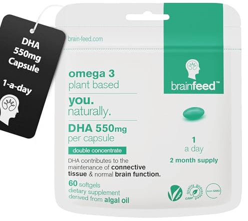 Omega 3 DHA 550mg Per Capsule for Brain & Eye Health (60) | 1-A-Day | Vegan Omega 3 Algae Oil | High DHA Supplements | Double Concentrated Algae Omega 3 Vegan DHA | 2 Month Supply