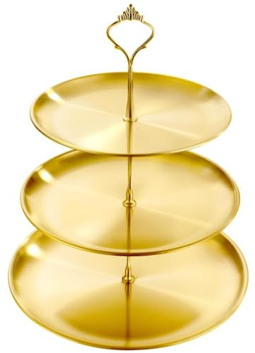 Cake Stand, 3 Tiers Stainless Steel Cupcake Stand, Gold Serving Tray Cake Holder Cake Display Stand for Afternoon Tea Decorations, Reusable Circular Cake Stand for Party, Birthday, Wedding(3tier-A)