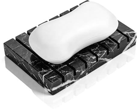 WORHE Marble Soap Dish Natural Stone Self-draining Sponge Holder Black