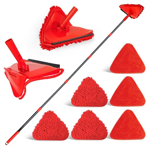 NEWE Wand Mop mit 202 cm Langem Griff, 180° Klappbares Bodenwischer Wischmopp mit Rakel, Dreiecksmopp mit 3 Chenillepads und 3 Mikrofaserpads zum Waschen für Gemalte Wände, Decke (Rot)