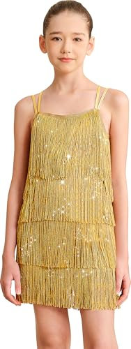 Mulnall Fille Latine Fringe robe étincelante Vintage Dance Kids Costume Lyrique Fringe Dance Jupe double Crossback show Banquet Hall Party (0430-05-XXL)