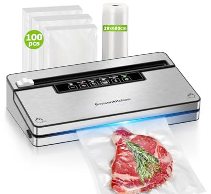 Bonsenkitchen Vacuum Sealer Machine with 5 Modes, Built-in Cutter and Bag Storage, Globefish Technology for Continuous High-Speed ​​Operation, Includes 100 Vacuum Bags and 1 Roll Bag, VS3201