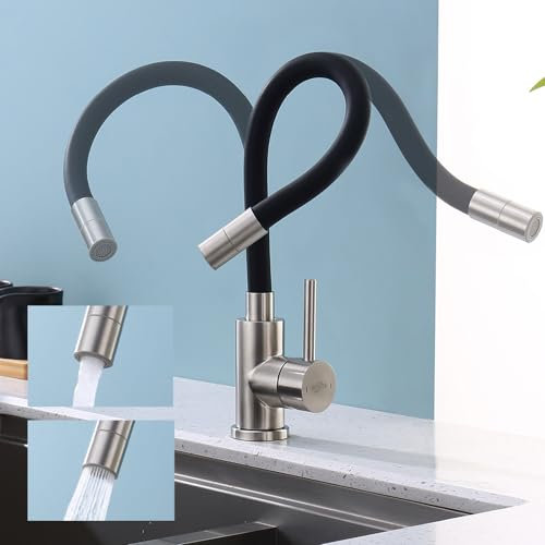 SUVIDA Robinet Cuisine Flexible Noir, Robinet d'évier de Cuisine avec 2 Types de Jet d'eau, Mitigeur d'Evier Orientable à 360°, Robinets Haute pression, Acier Inoxydable, Économe en Eau