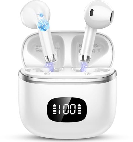Bluetooth Kopfhörer, Kopfhörer Kabellos Bluetooth 5.3 mit 4 ENC Noise Cancelling Mic, Kabellose Kopfhörer In Ear HiFi Stereo, 40 std Spielzeit, LED-Anzeige, Ohrhörer für Arbeit Spiel Sport, Weiß
