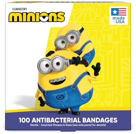 Minions Kids Bandages, 3 Assorted Sizes 100 CT | Wear Like Stickers, Flexible Adhesive Bandages for Minor Cuts, Scrapes, and Burns. Great Gift idea for Kids.
