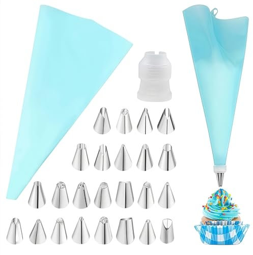 Cake Decorating Kit 26pcs，Piping Bag and Nozzle Set, Including 24 Stainless Steel Cake Piping nozzles, 12 inch Reusable Piping Bag, and 1 Connector, for DIY Cake and Cupcake Decorations.