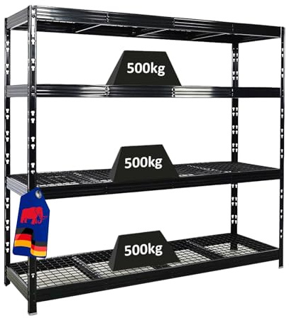 PROREGAL Étagère Charge Lourd Rhino | HxLxP 180x200x60cm | 4 étagères grillagées | 500kg par Niveau | Noir | Étagère de Garage, étagère de Rangement, Stockage, rayonnage