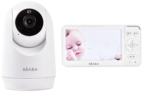 BÉABA, Babyphone Cámara Zen Plus 2 - Cámara 360°, Pantalla HD 5, visión nocturna, Talkie-Walkie, Termómetro, 8 Canciones de cuna, Alcance 300 m, Autonomía 20 h, 4 Cámaras Conectables, Blanco