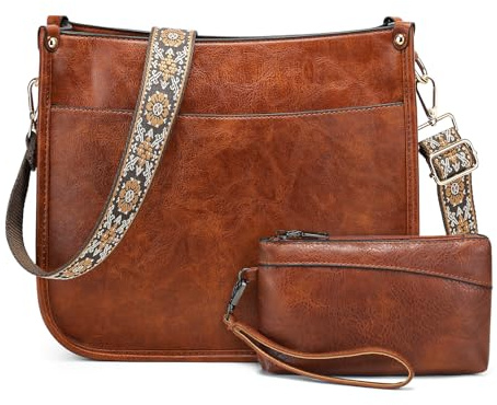 BAIGIO Bolso Bandolera Mujer Cuero PU, Bolso Mujer Bandolera Mediano con Correa Ancha, Bolsos Hombro Cruzado Mujeres y Monedero Carteras Set para Viaje Trabajo Casual Escuela, Marrón-2PCS