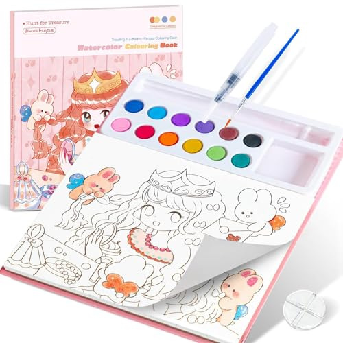 FAYAHAR Livre de Coloriage Aquarelle pour Enfants, Livres Peinture Aquarelle avec Pinceau, Livre Coloriage Enfant, Papier de Peinture d'Eau pour Enfants - Princesse