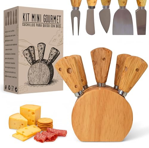 Fumagik Juego de cuchillos de cocina para queso de acero inoxidable – Mini set gourmet de 5 cuchillos con base de madera – Ideal para tabla de quesos y aperitivos – Regalos originales