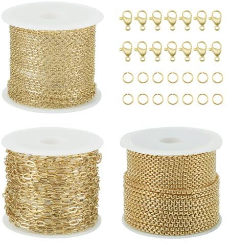 Craftdady 3 rotoli di catene in acciaio inox saldate a maglia veneziana dorate con chiusura a moschettone e anelli di salto per la creazione di gioielli