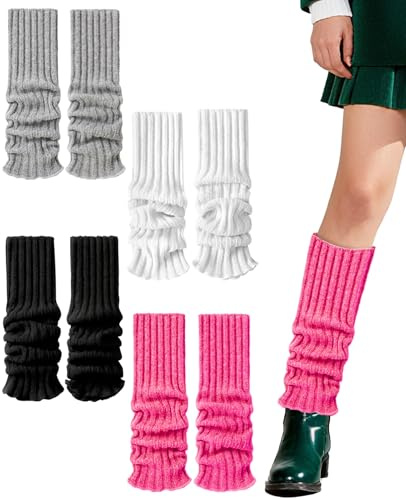 Ninnyi 4 Pairs Ribbed Knit Leg Warmers Ladie, White Gray Black Rose Red Leg Warmer Kids