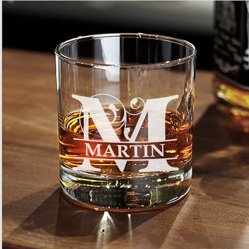 Custom Name Letter Monogram Style 2 Engraved Crystal Wine Glass, Old Fashioned Drinking Cups, Personalized Gifts, 10.5oz